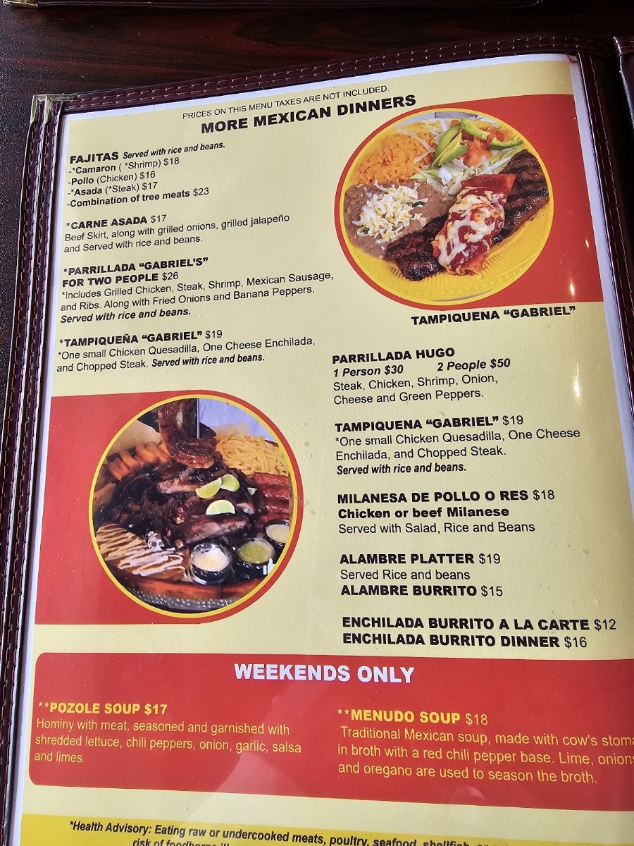 Gabriel's Taqueria & Bar menu board