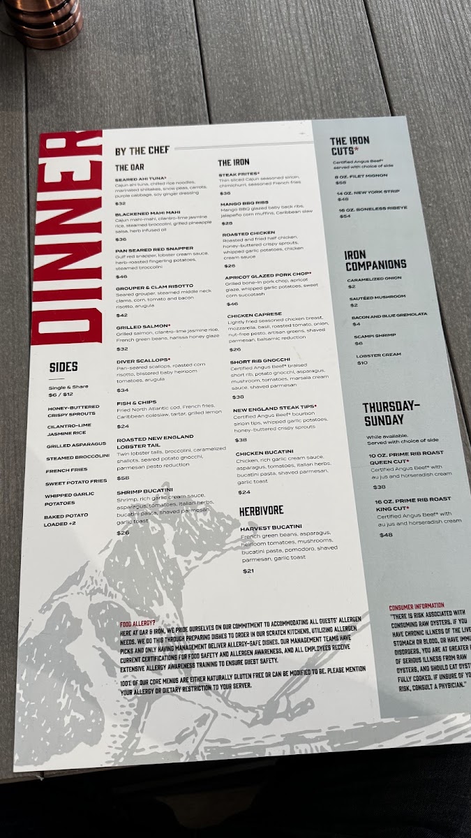 Oar & Iron menu board