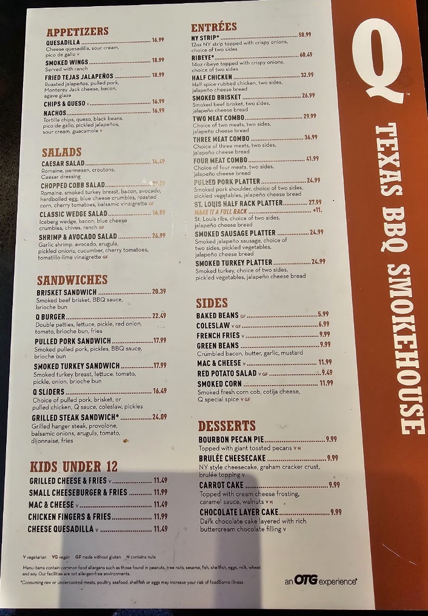Q Texas BBQ Smokehouse menu board
