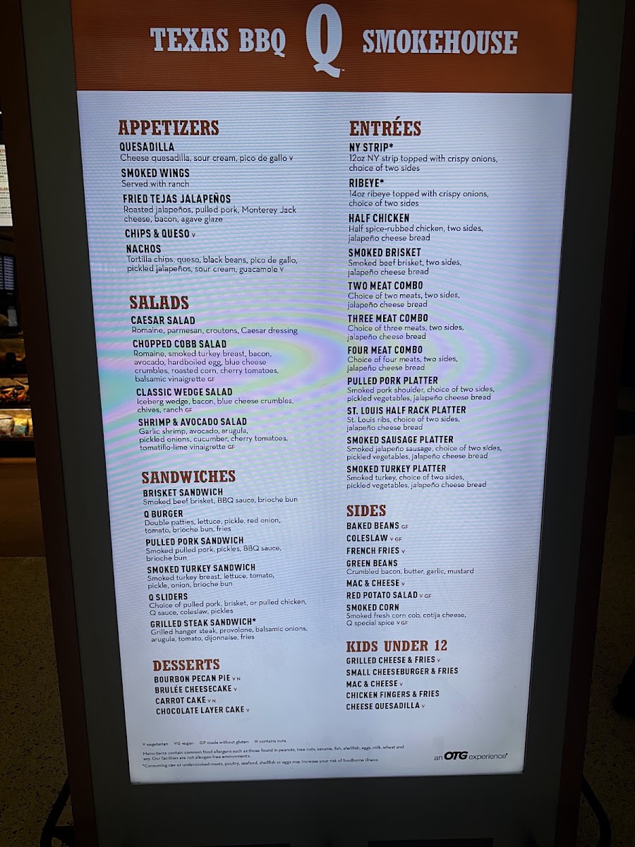 Q Texas BBQ Smokehouse menu board