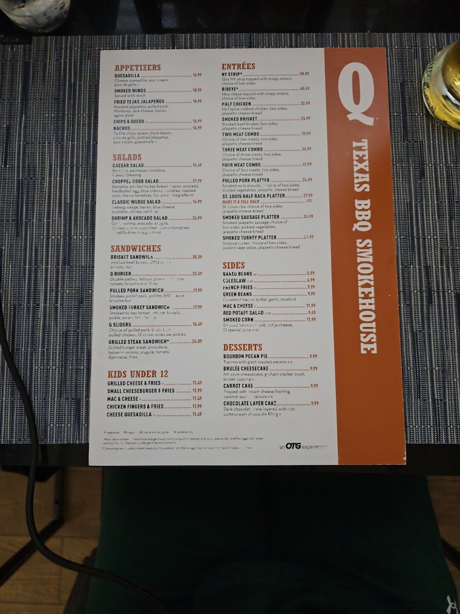 Q Texas BBQ Smokehouse menu board