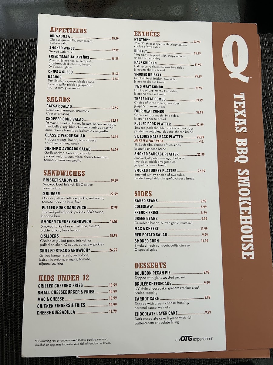 Q Texas BBQ Smokehouse menu board