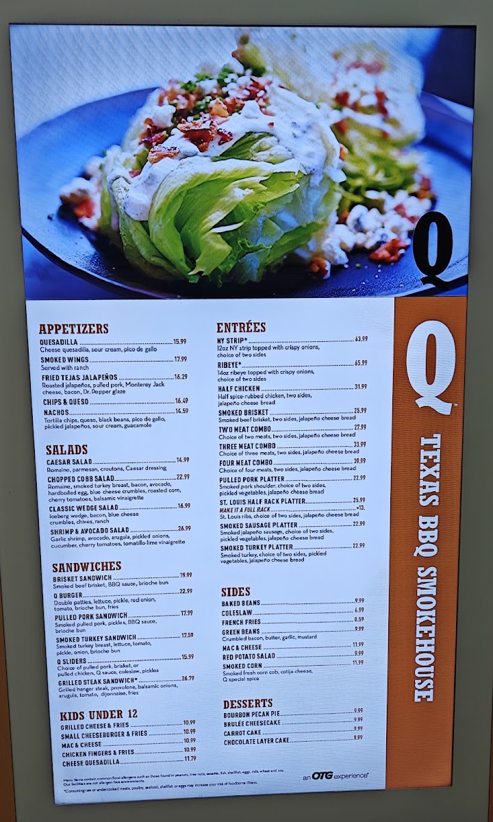 Q Texas BBQ Smokehouse menu board