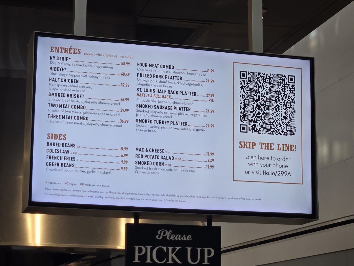 Q Texas BBQ Smokehouse menu board