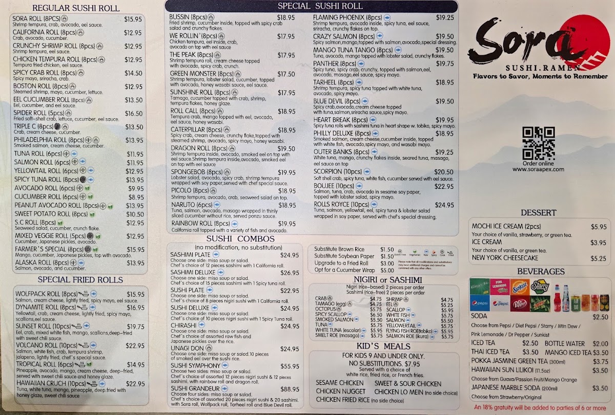 Sora Sushi Ramen menu board