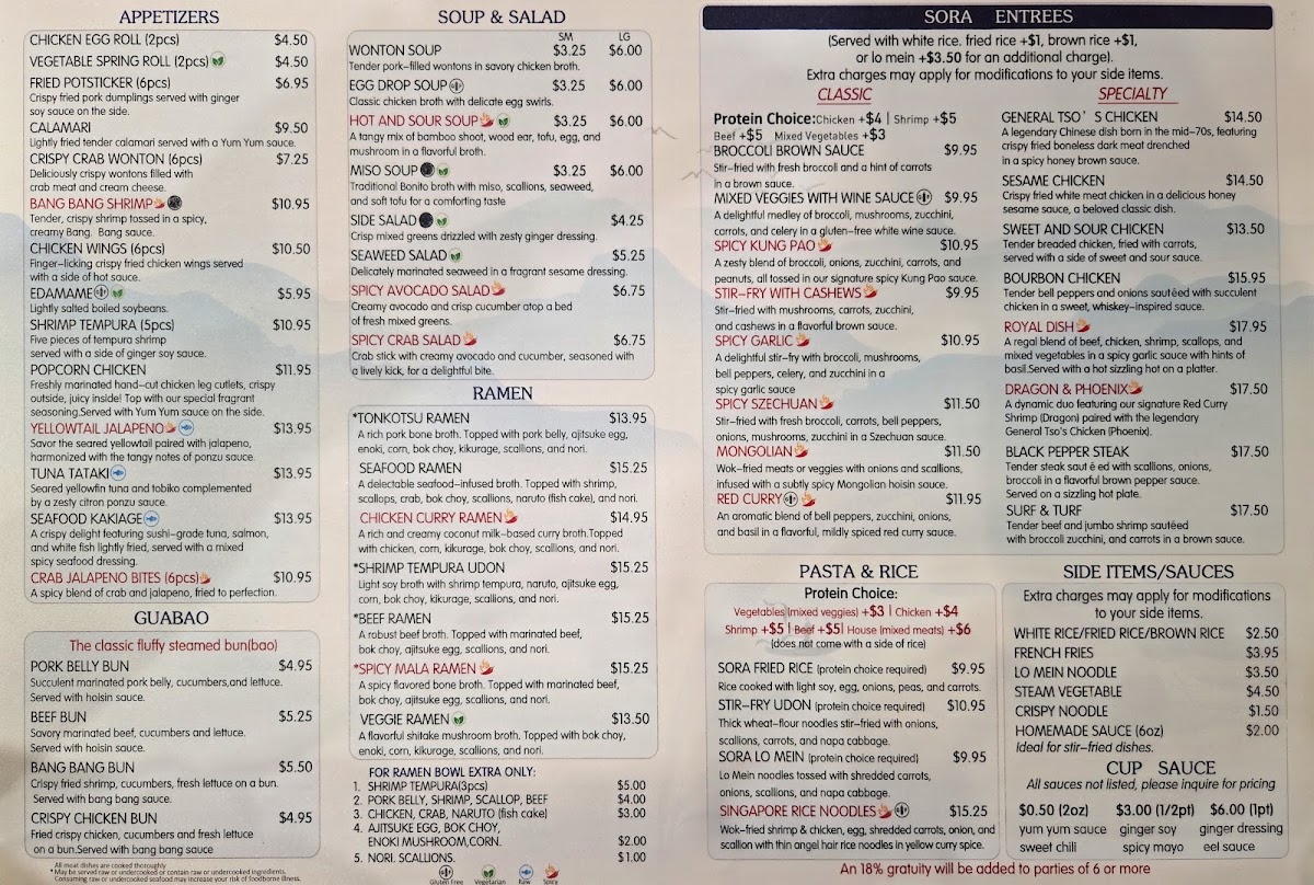 Sora Sushi Ramen menu board