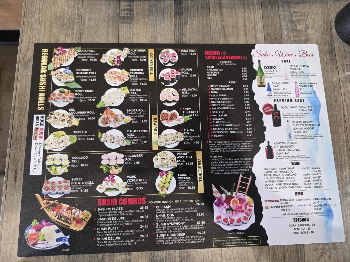Sora Sushi Ramen menu board