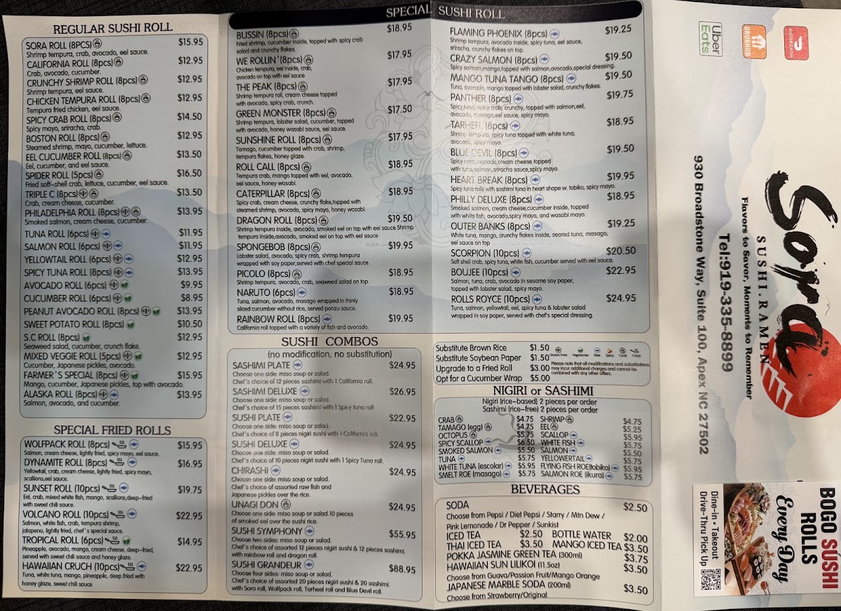 Sora Sushi Ramen menu board