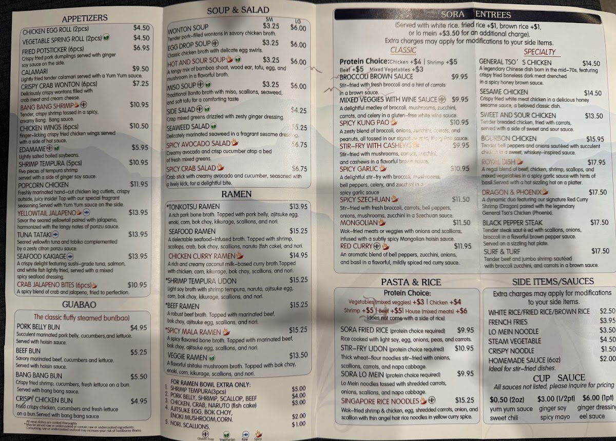Sora Sushi Ramen menu board