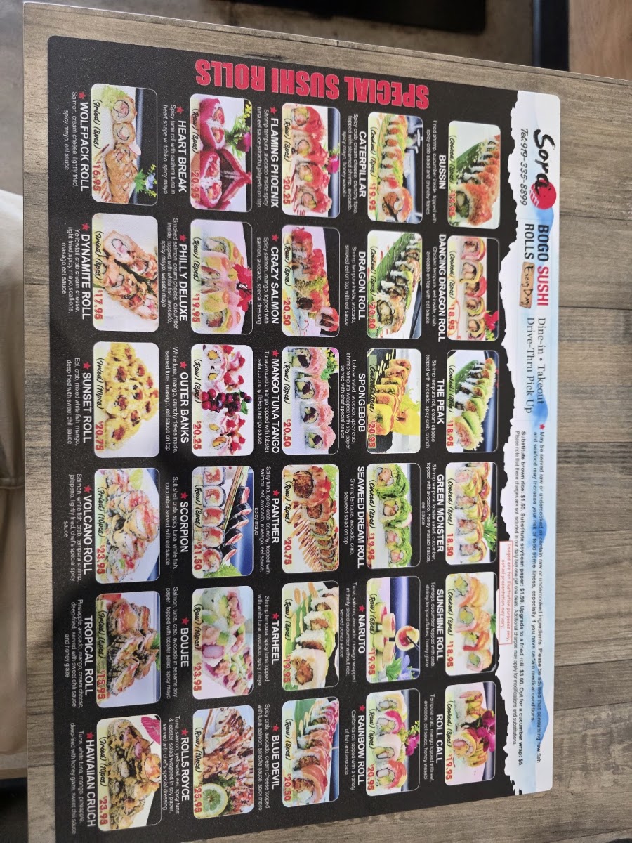 Sora Sushi Ramen menu board
