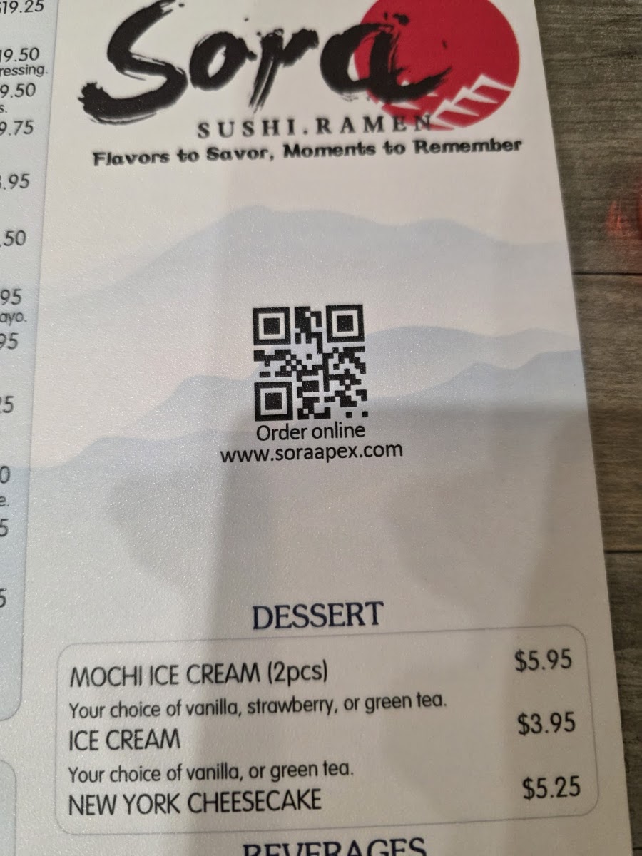 Sora Sushi Ramen menu board