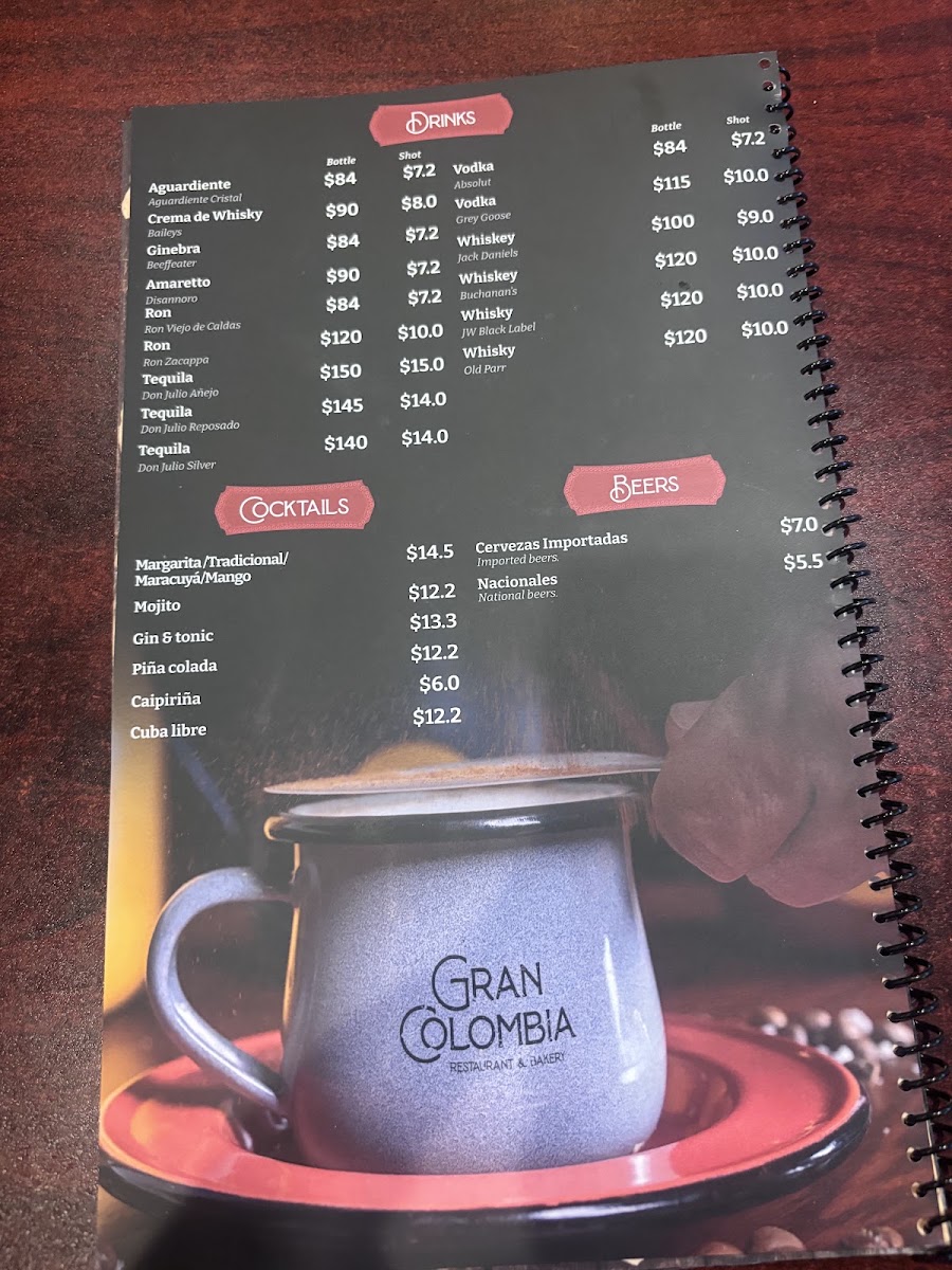 Gran Colombia menu board