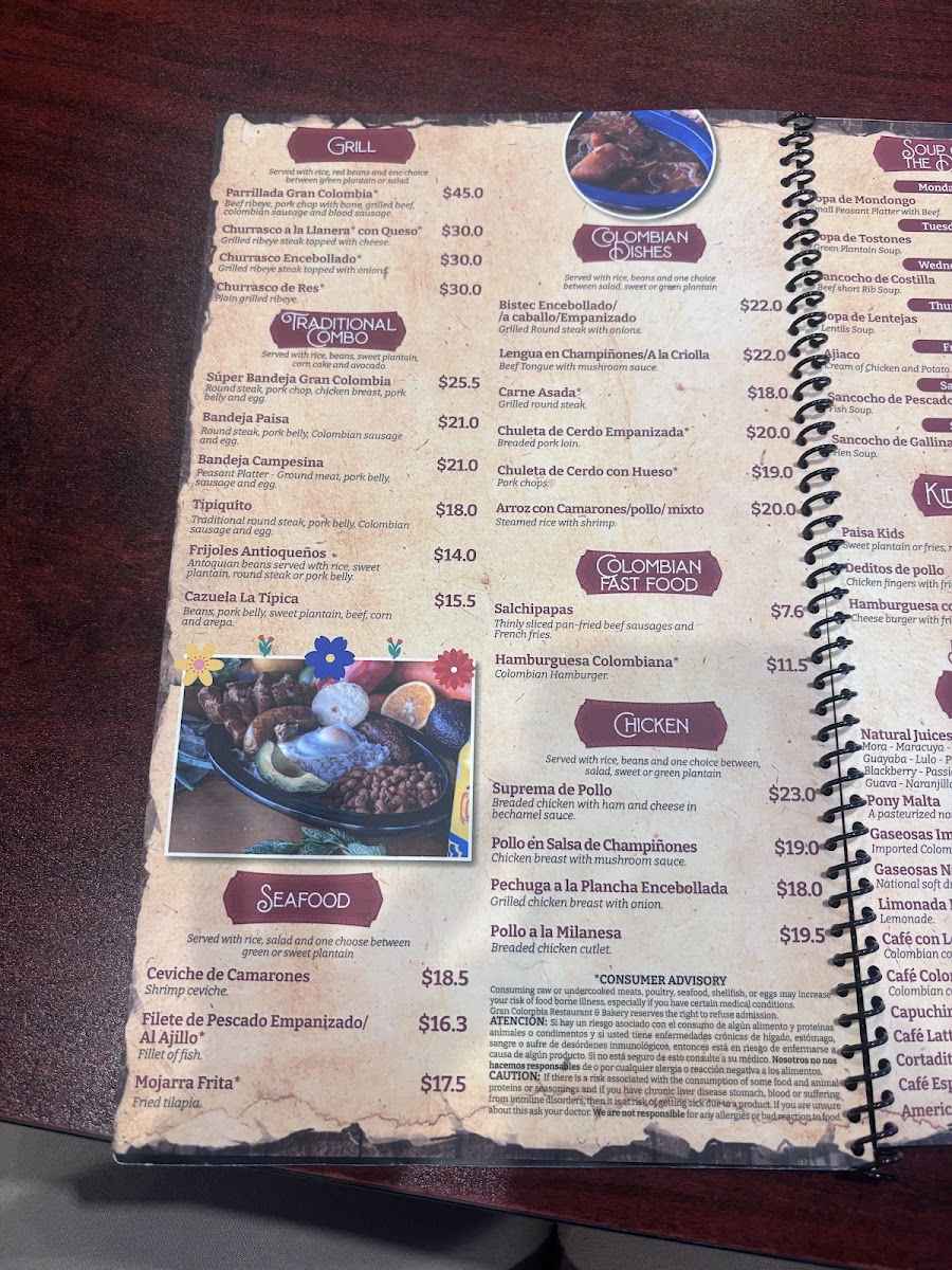 Gran Colombia menu board