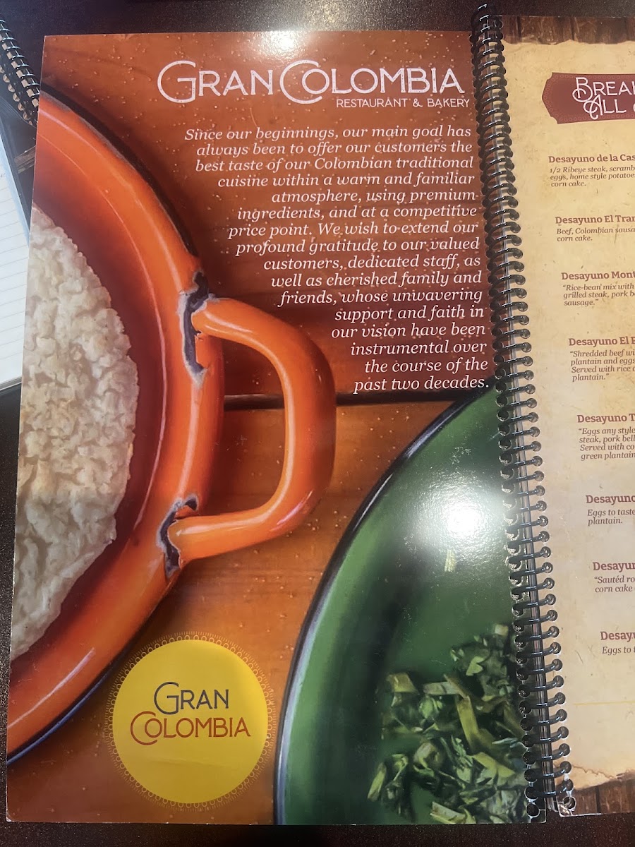 Gran Colombia menu board