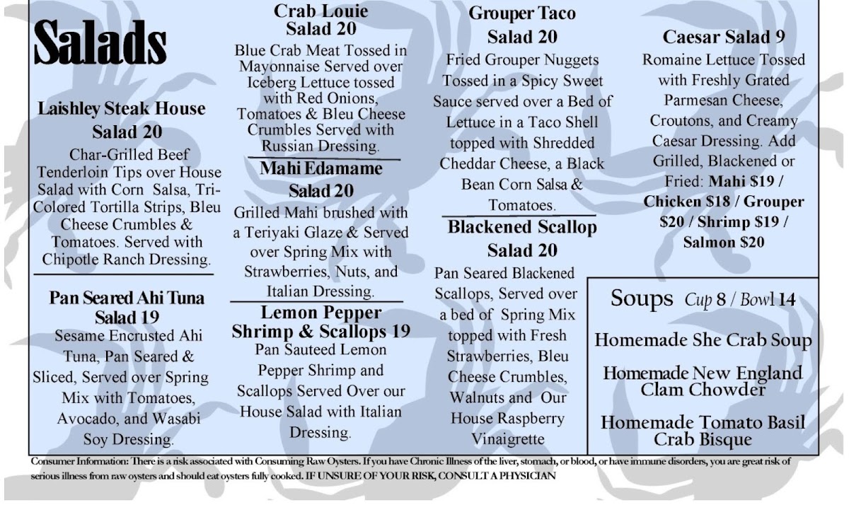 Laishley Crab House menu board