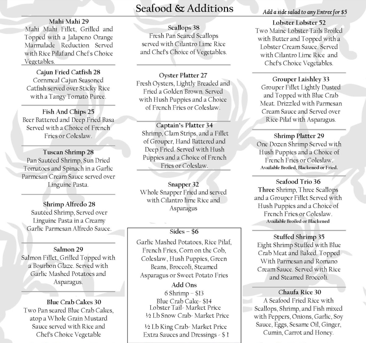 Laishley Crab House menu board