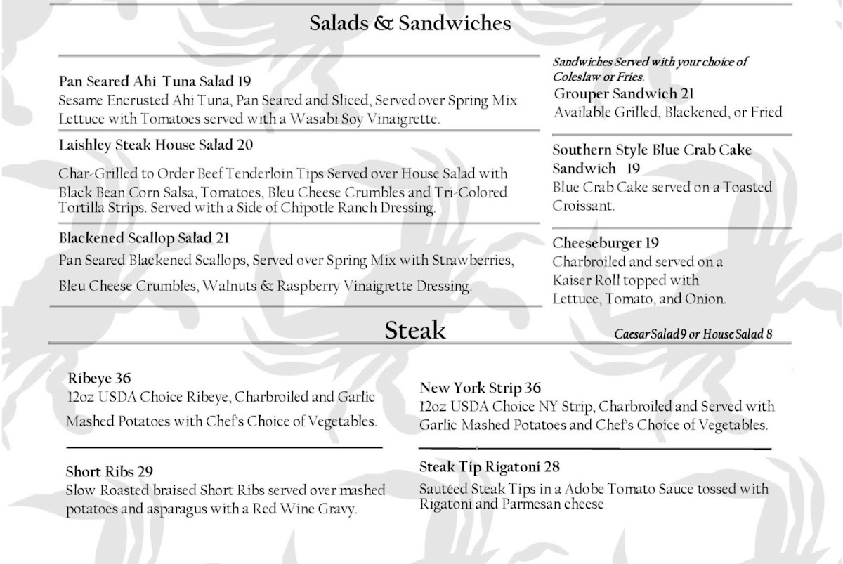 Laishley Crab House menu board