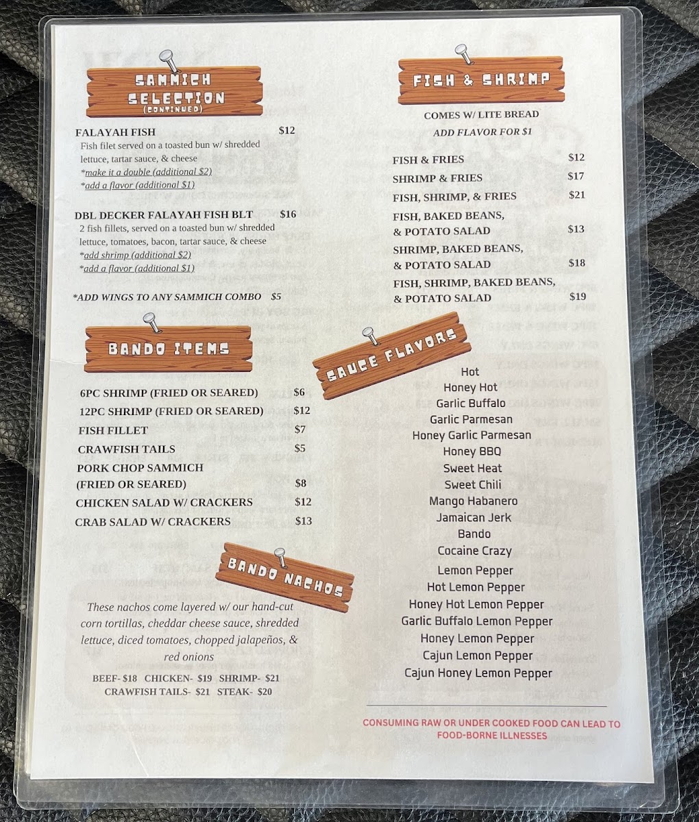 BIG A's Bando Brunch•Bar•Grill menu board