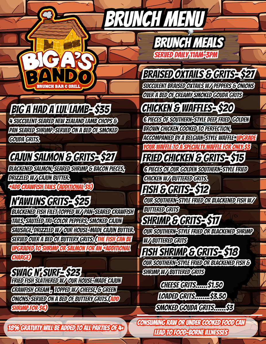 BIG A's Bando Brunch•Bar•Grill menu board