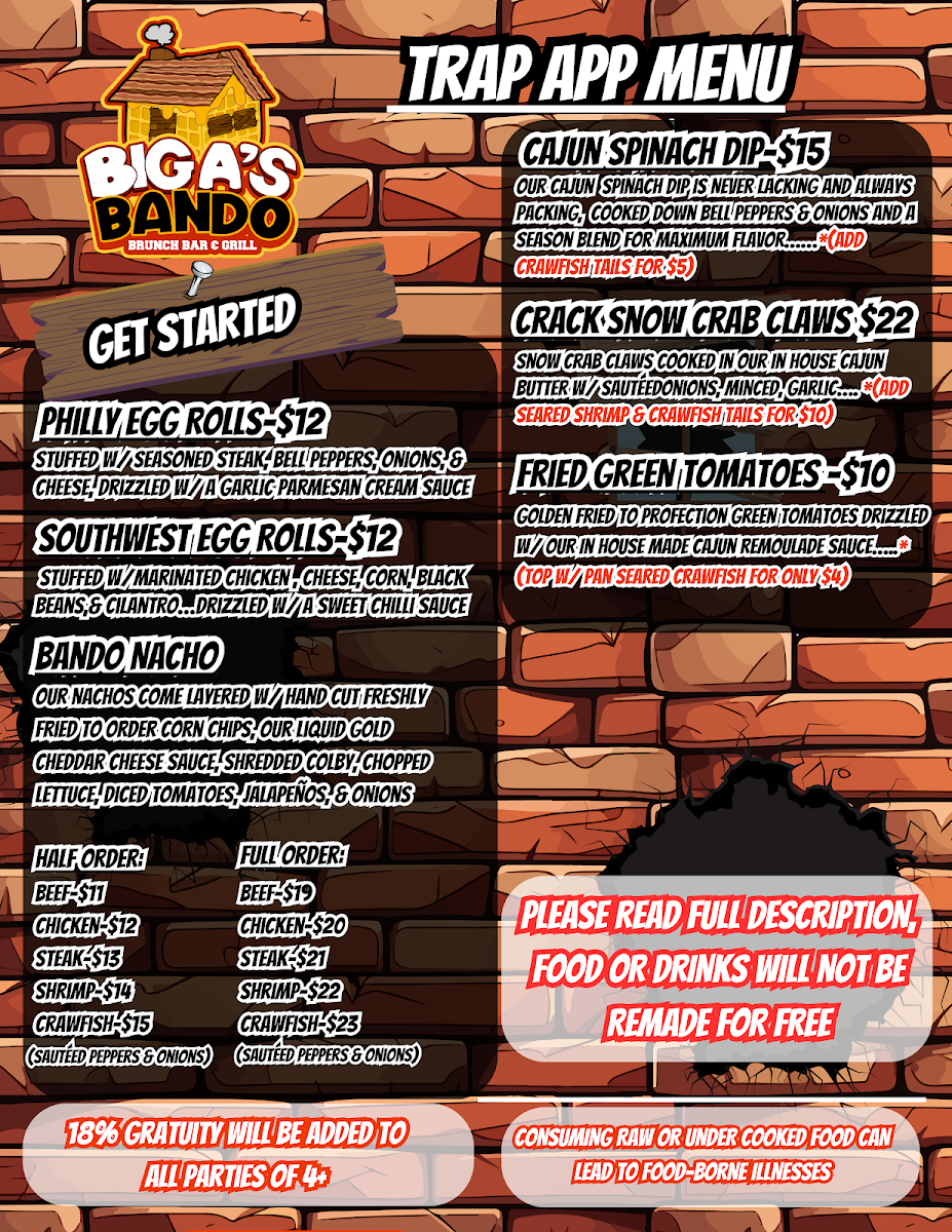 BIG A's Bando Brunch•Bar•Grill menu board