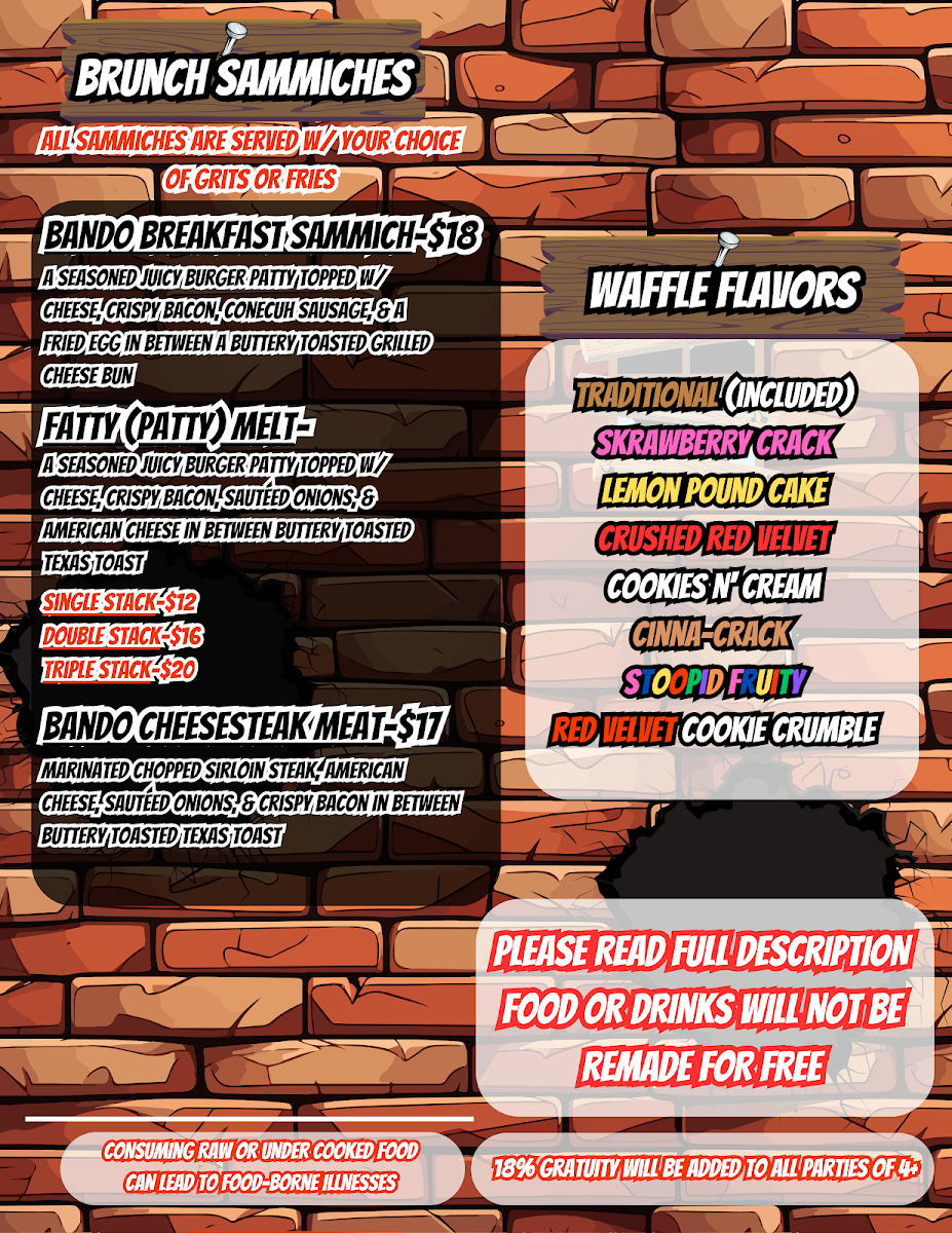BIG A's Bando Brunch•Bar•Grill menu board