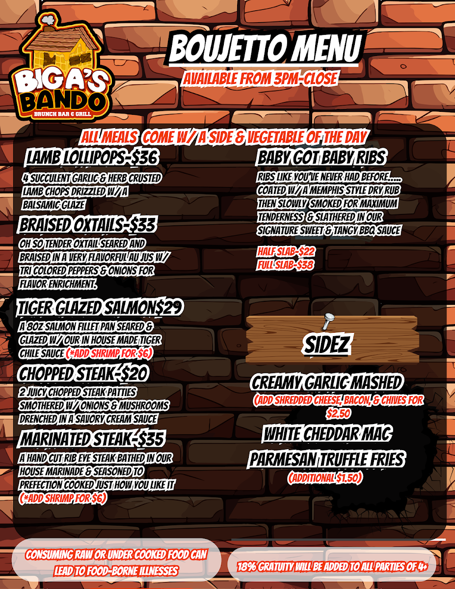 BIG A's Bando Brunch•Bar•Grill menu board