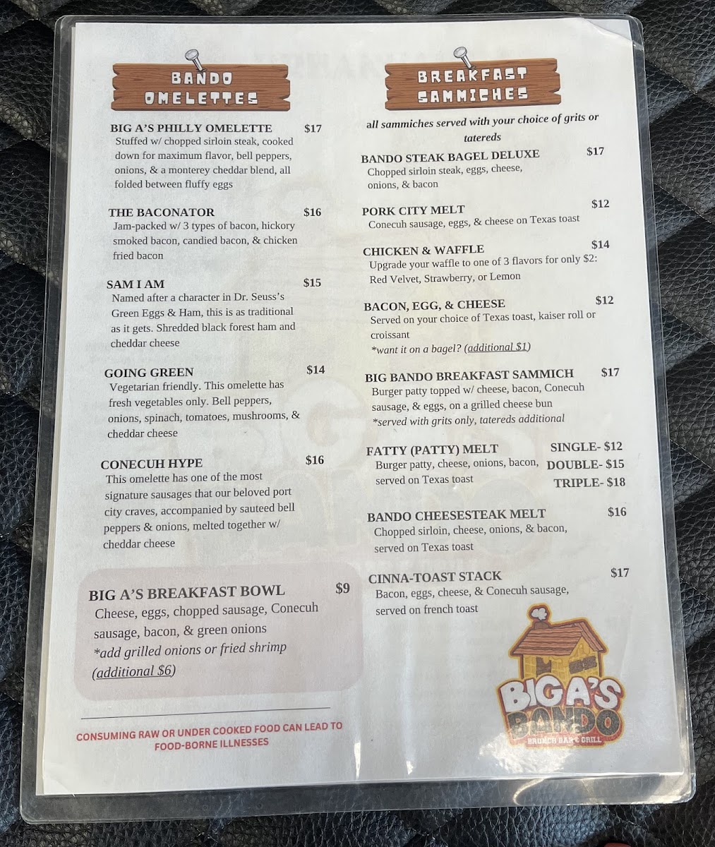 BIG A's Bando Brunch•Bar•Grill menu board