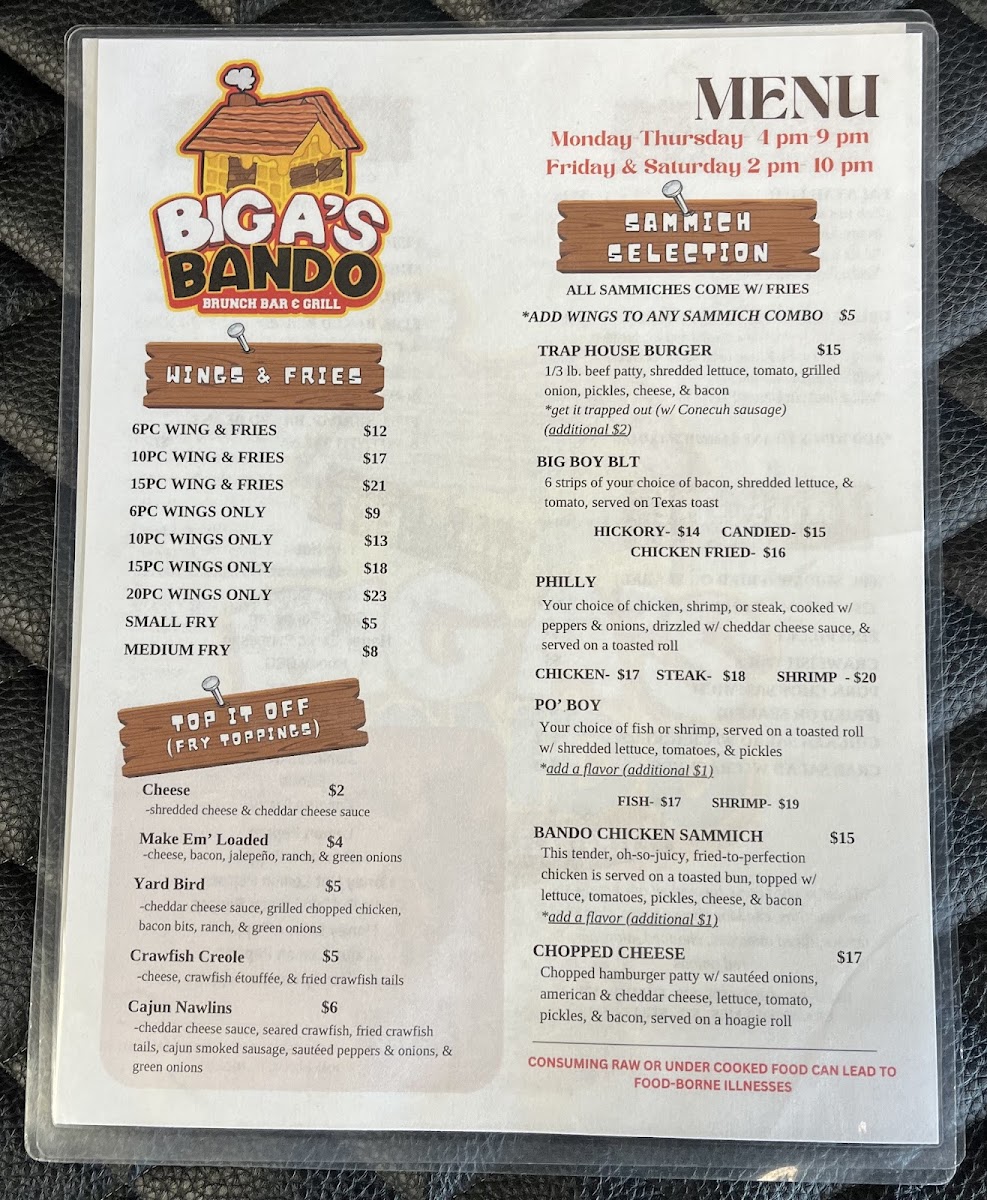 BIG A's Bando Brunch•Bar•Grill menu board