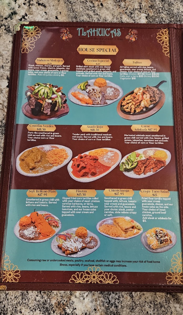 TLAHUICAS MEXICAN RESTAURANT & BAR menu board