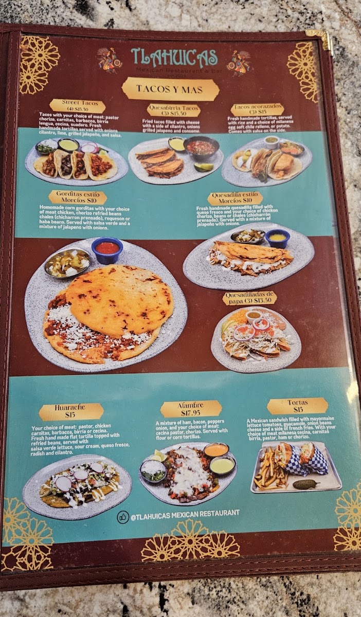 TLAHUICAS MEXICAN RESTAURANT & BAR menu board