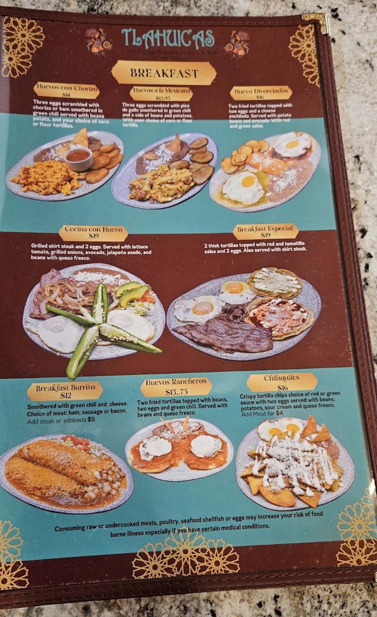TLAHUICAS MEXICAN RESTAURANT & BAR menu board