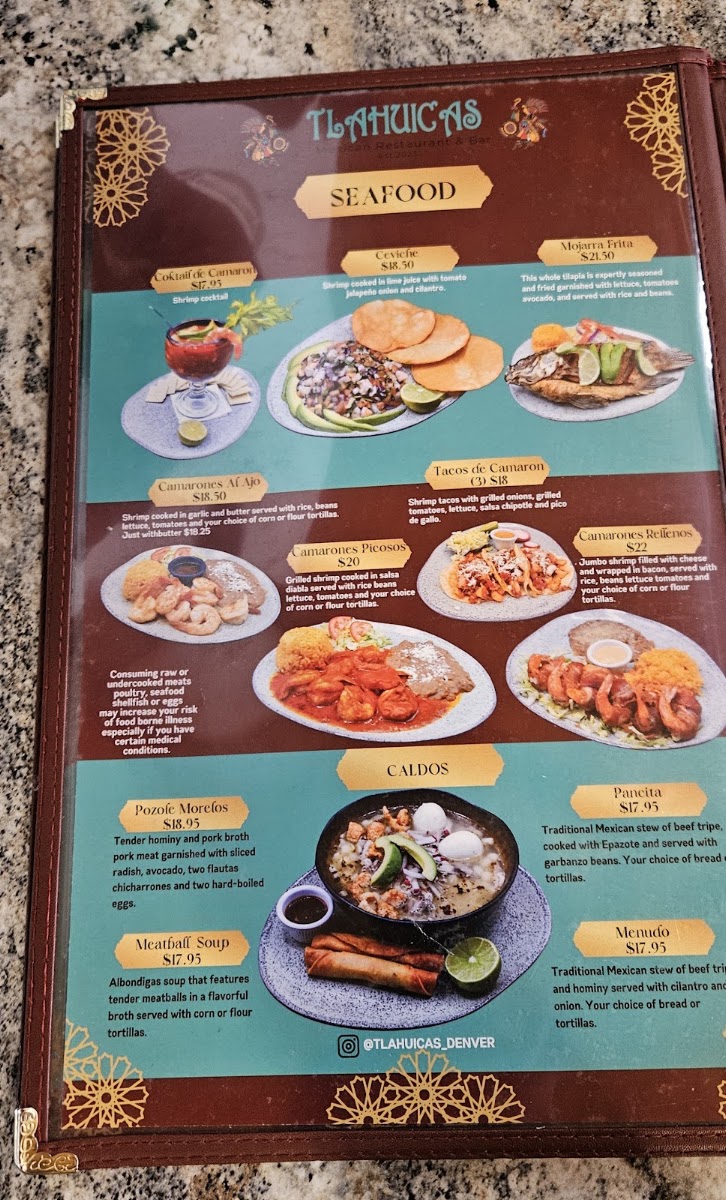 TLAHUICAS MEXICAN RESTAURANT & BAR menu board