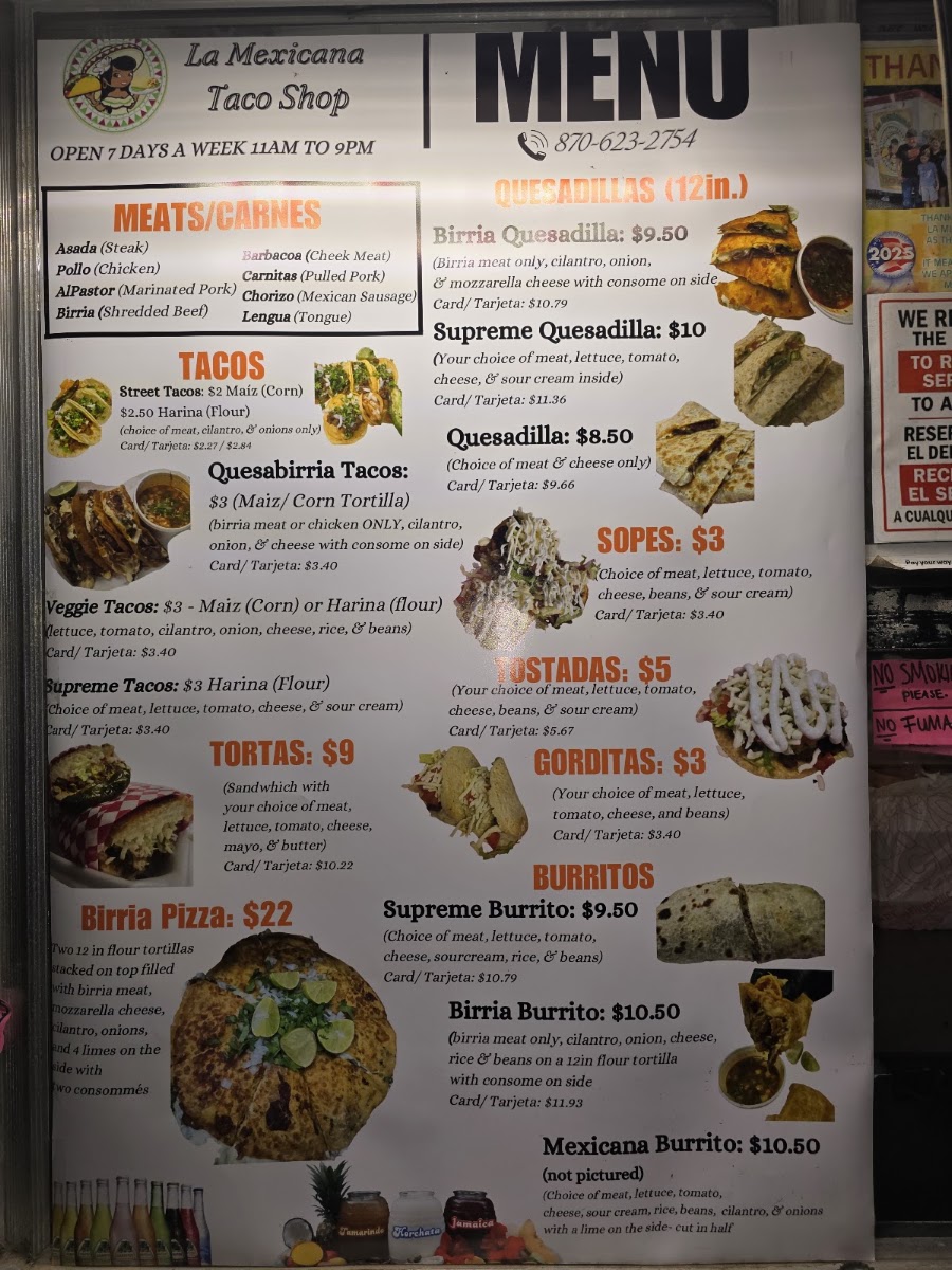 La Mexicana Taco Shop menu board
