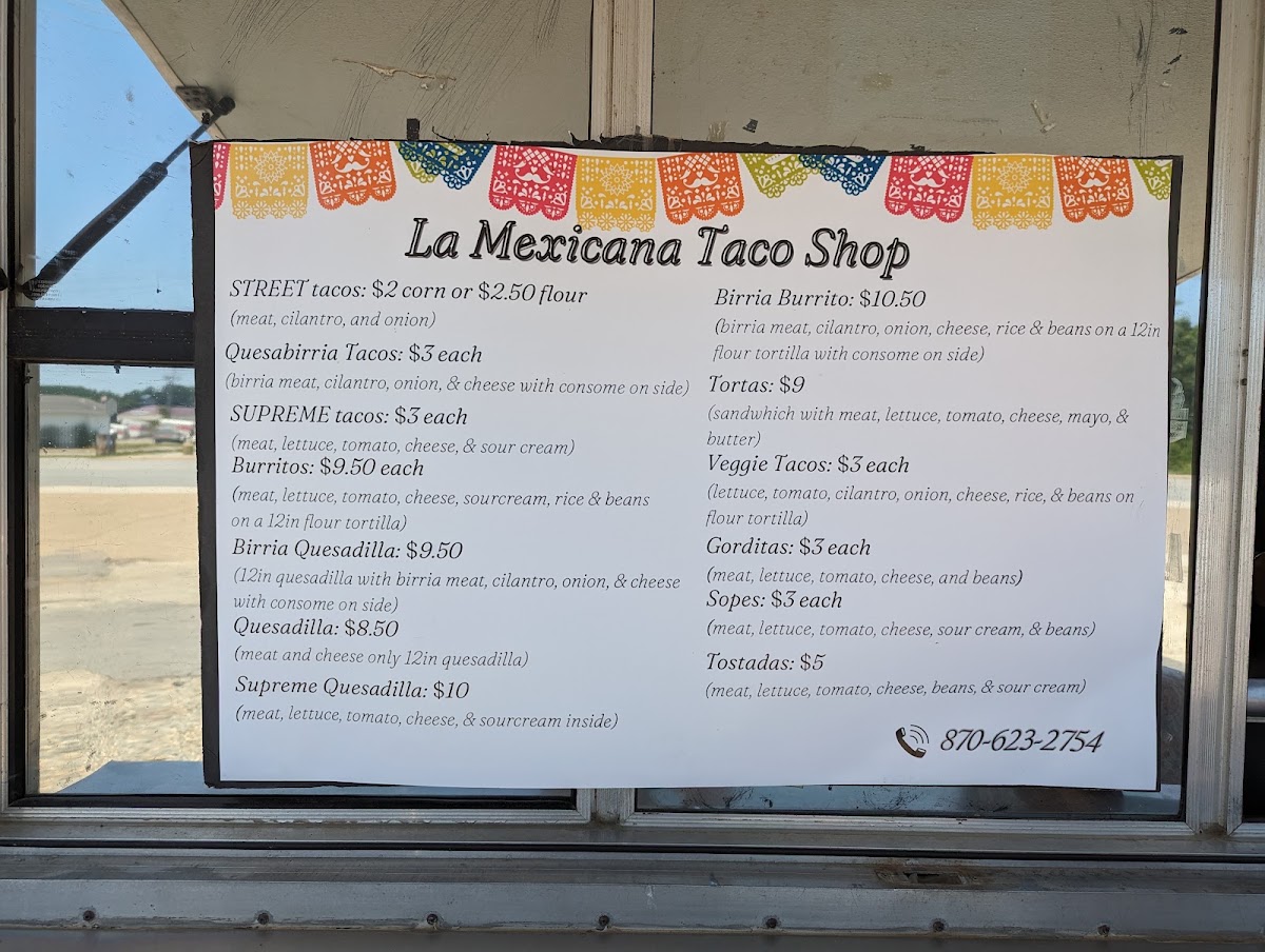 La Mexicana Taco Shop menu board