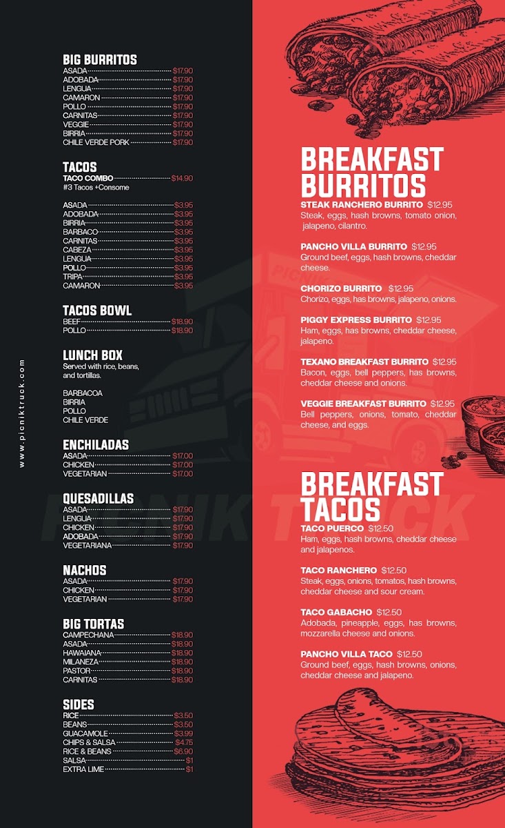 Picnik Taco Truck menu board