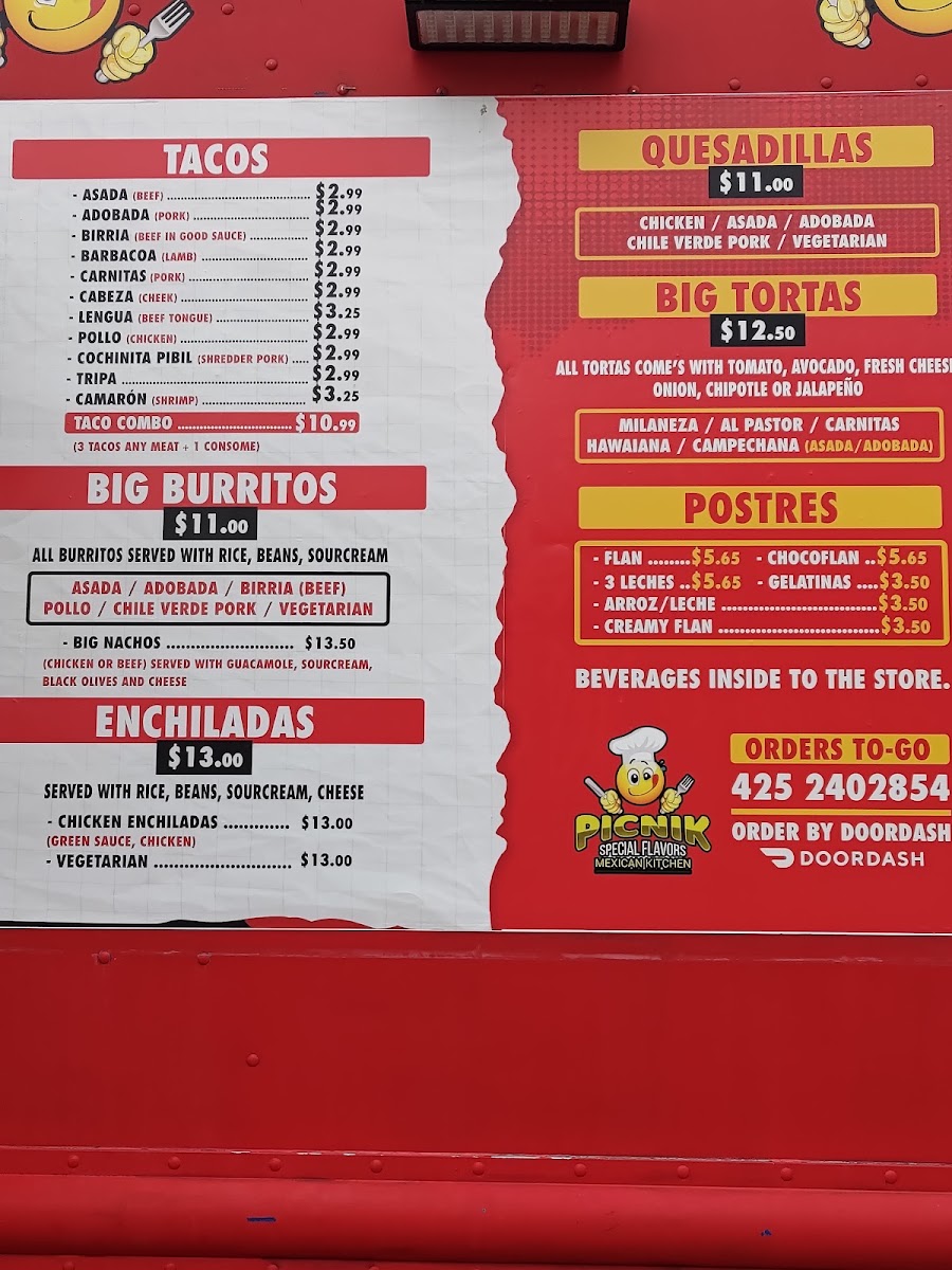 Picnik Taco Truck menu board