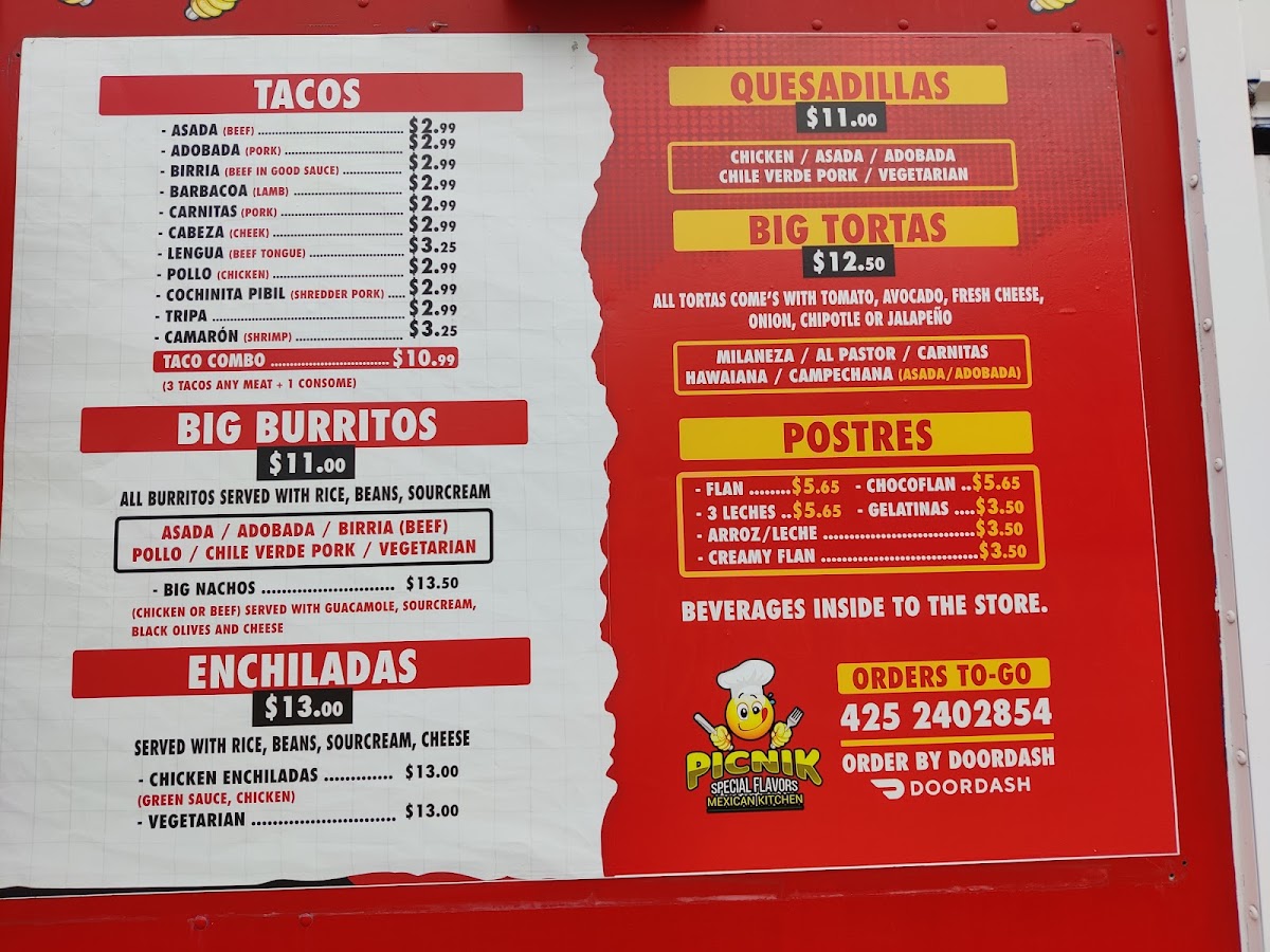 Picnik Taco Truck menu board