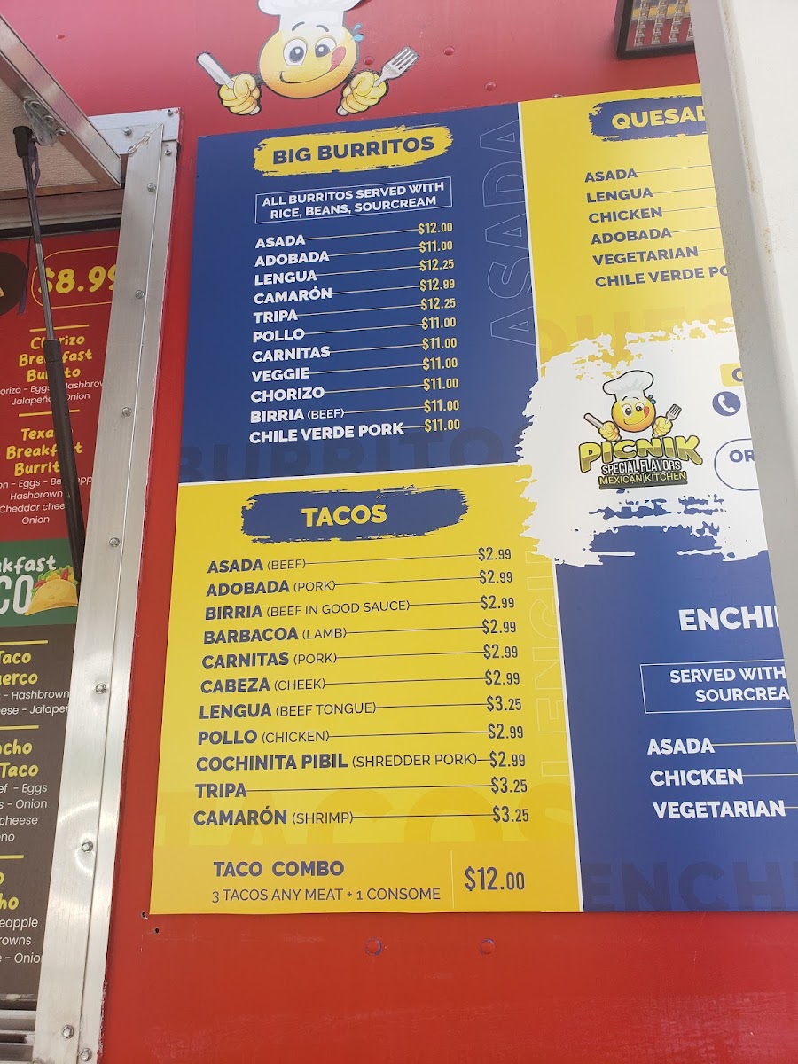 Picnik Taco Truck menu board