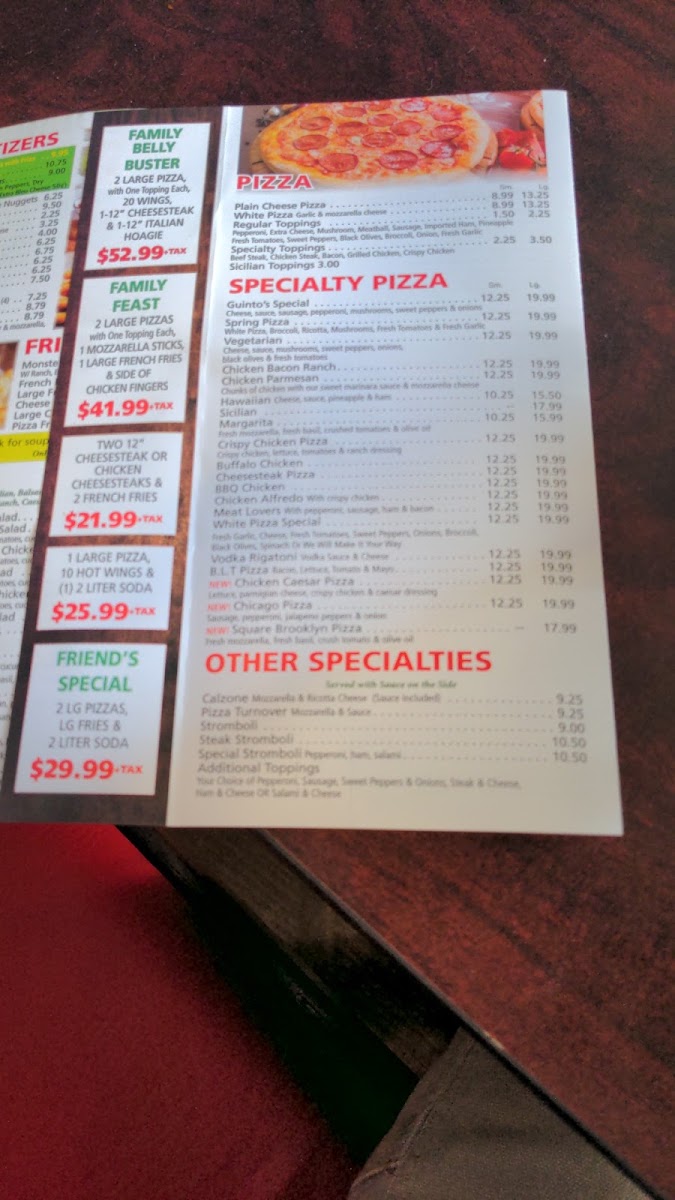 Guinto's Pizzeria menu board