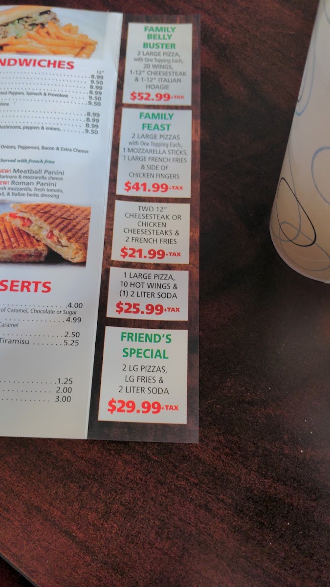Guinto's Pizzeria menu board