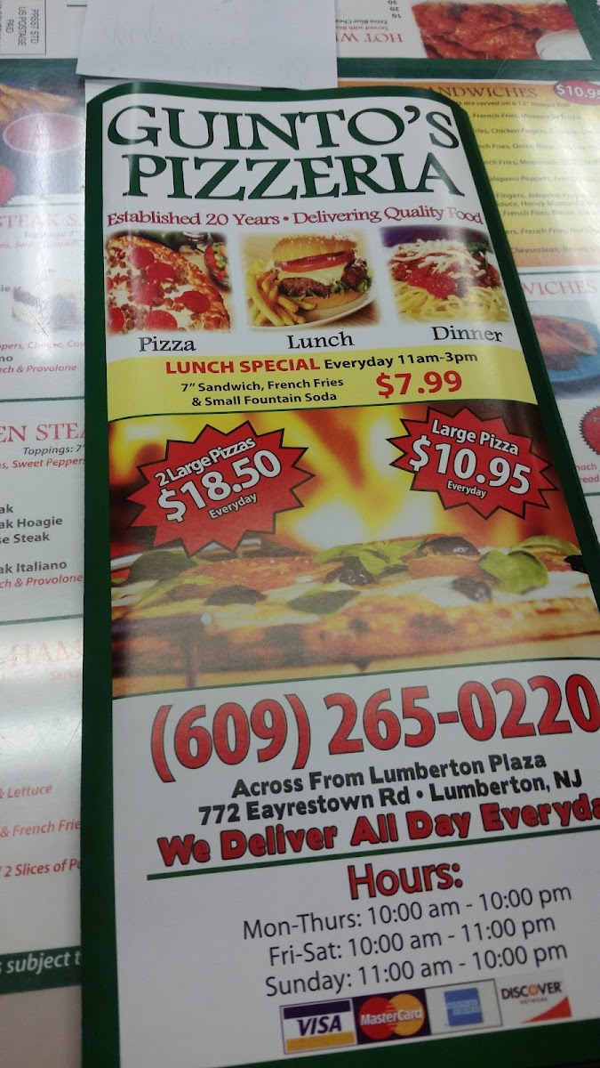 Guinto's Pizzeria menu board