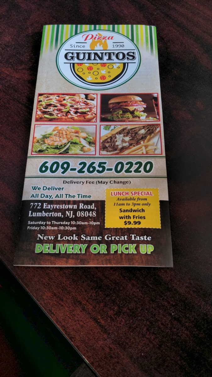 Guinto's Pizzeria menu board