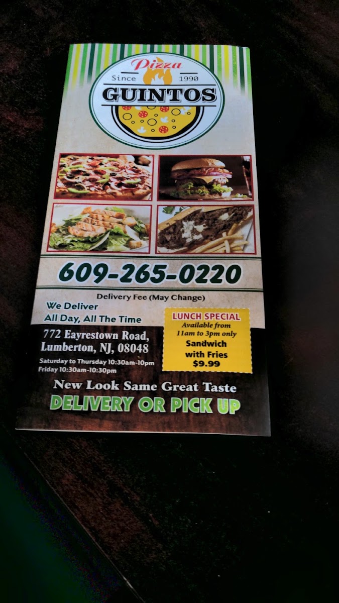 Guinto's Pizzeria menu board