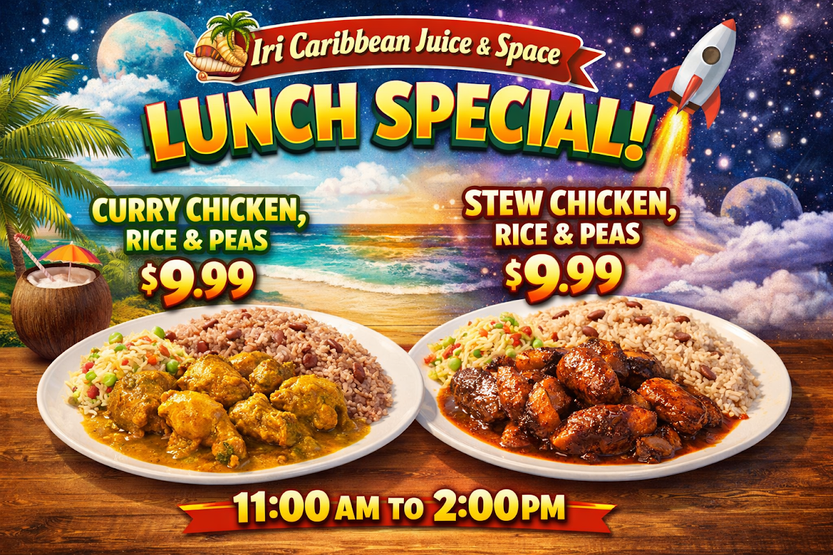 Irie Caribbean Juice & Spice menu board