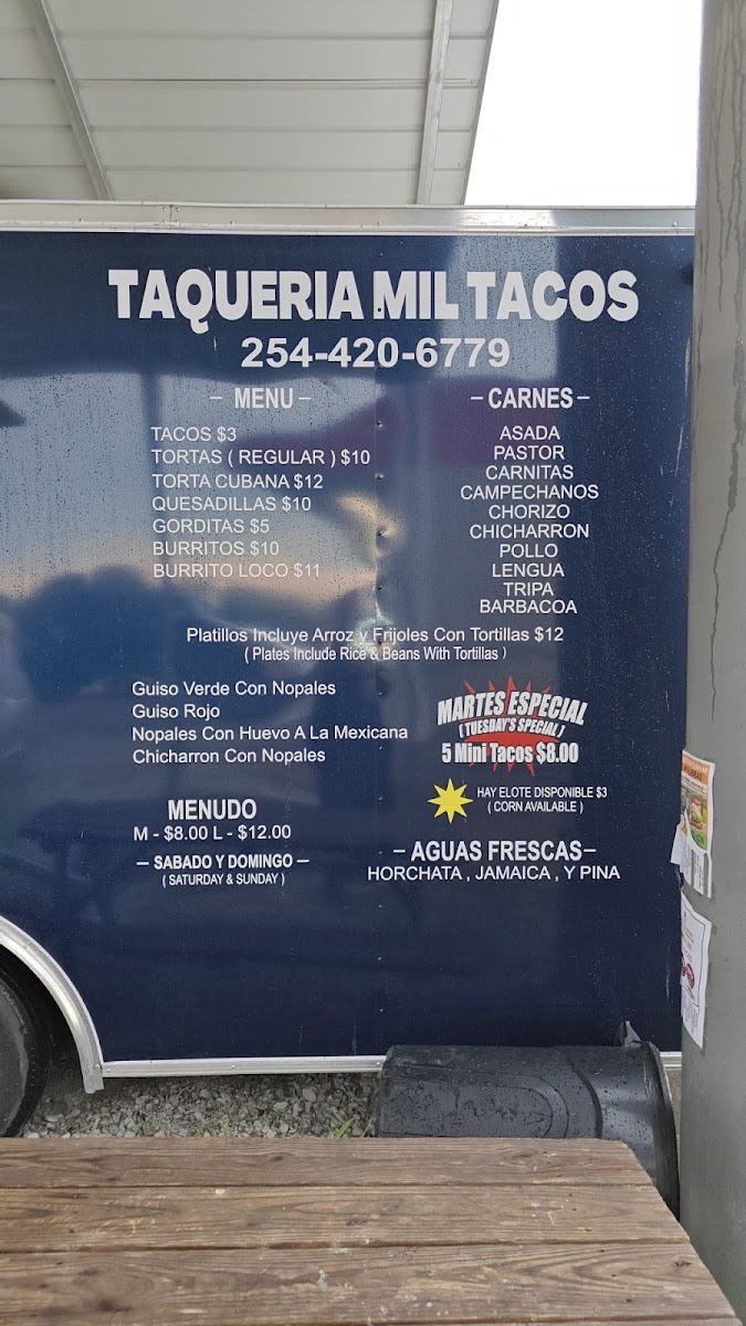 Taqueria mil tacos menu board
