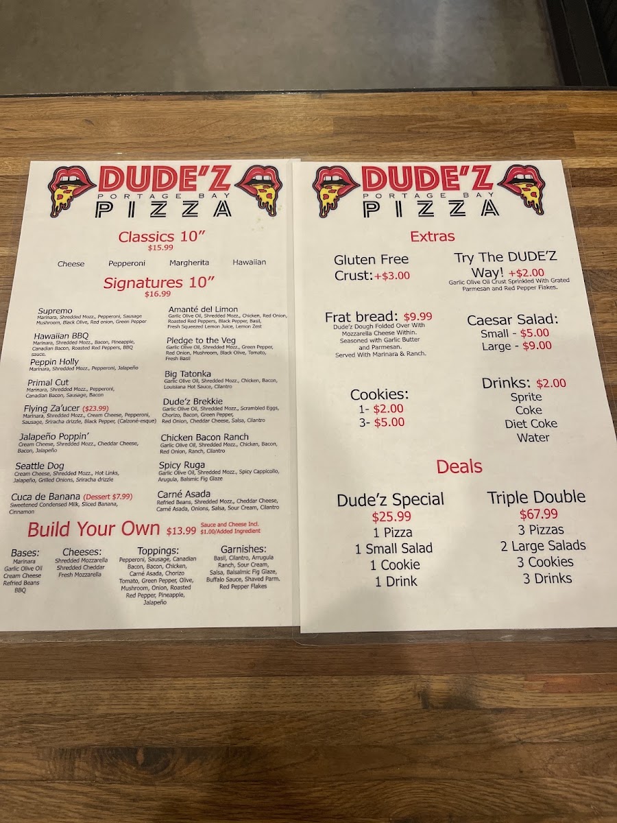 DUDE'Z woodfired pizza menu board