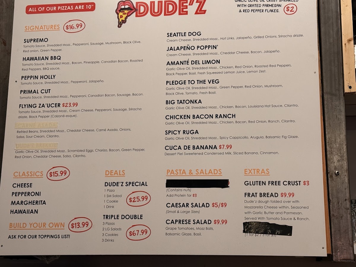 DUDE'Z woodfired pizza menu board