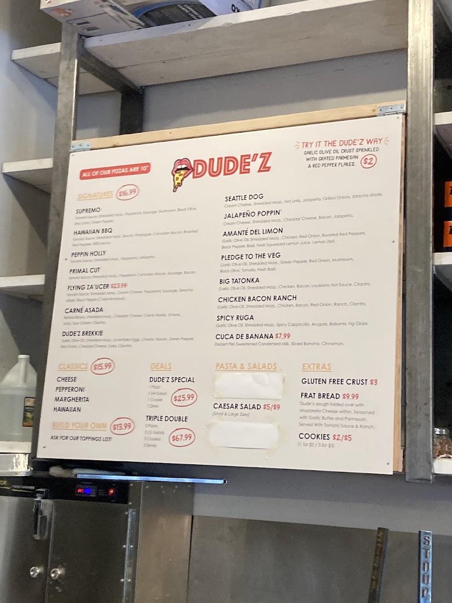 DUDE'Z woodfired pizza menu board
