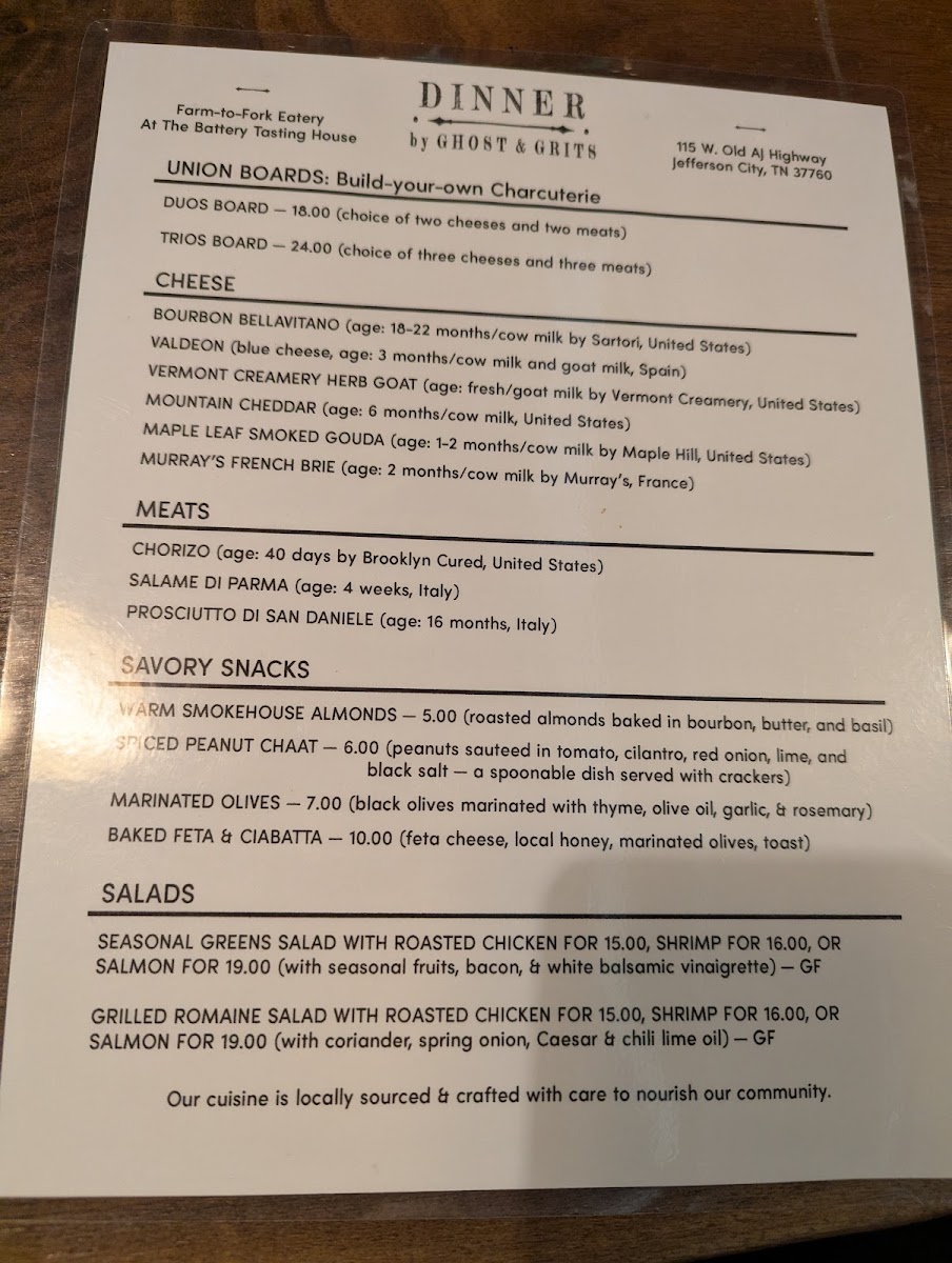 Ghost & Grits @ The Battery Tasting House menu board