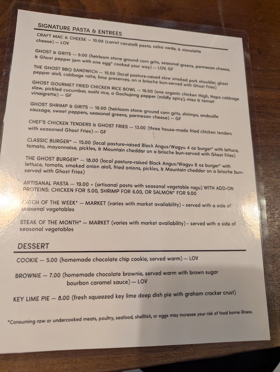 Ghost & Grits @ The Battery Tasting House menu board
